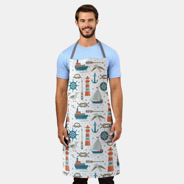 Nautical themed red teal gray white pattern apron (Worn)