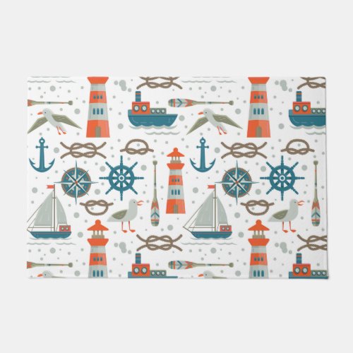 Nautical themed red teal gray white pattern doormat
