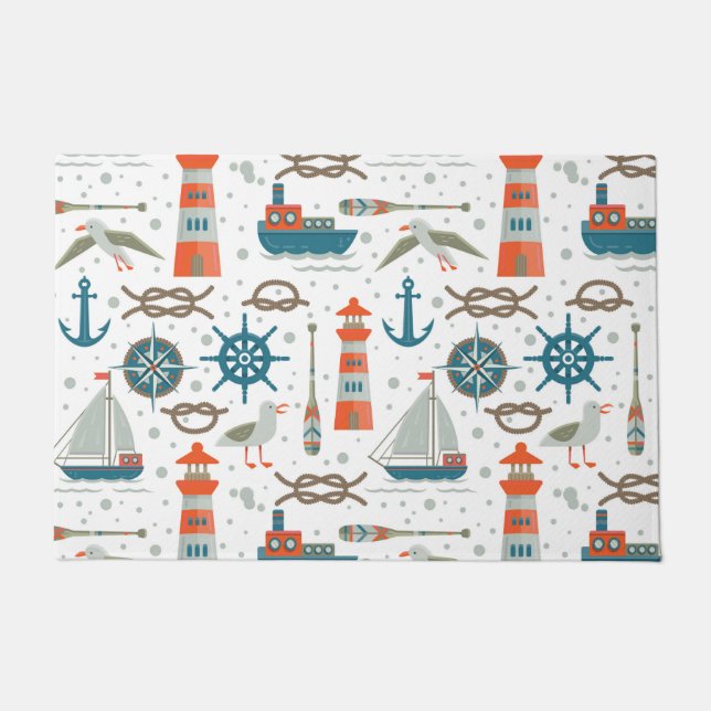 Nautical themed red teal gray white pattern doormat (Front)