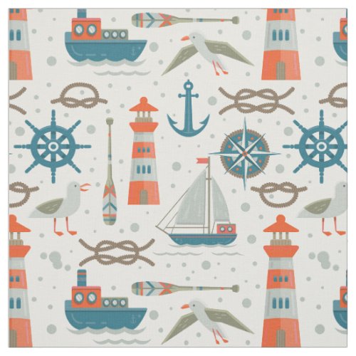 Nautical themed red teal gray white pattern fabric