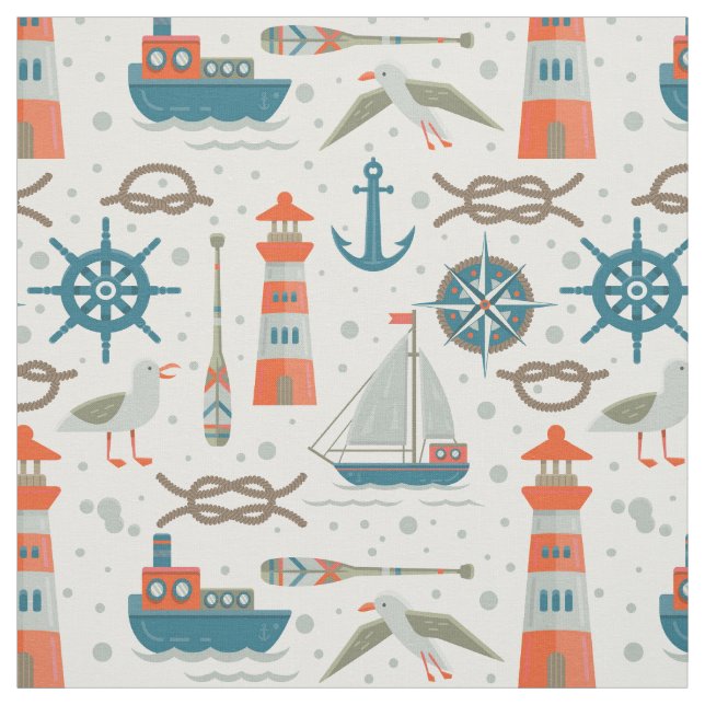 Nautical themed red teal gray white pattern fabric (Swatch)