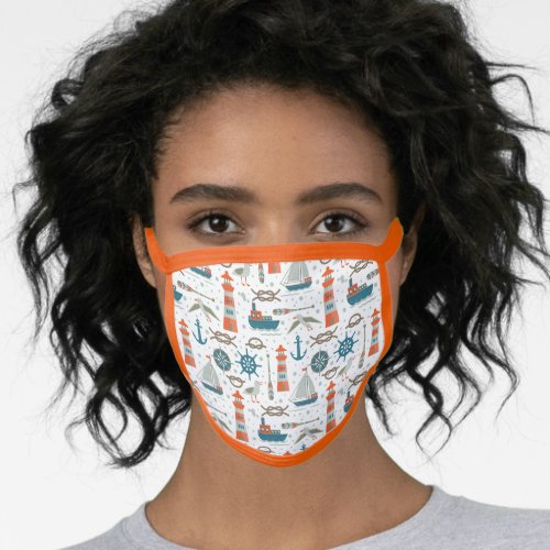 Nautical themed red teal gray white pattern face mask