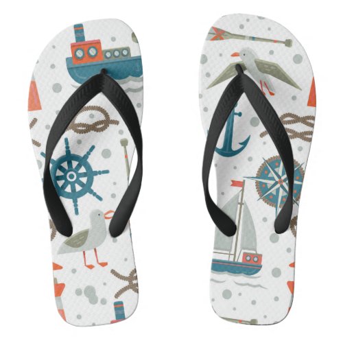 Nautical themed red teal gray white pattern flip flops
