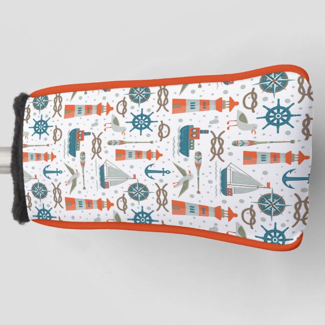 Nautical themed red teal gray white pattern golf head cover (Front)