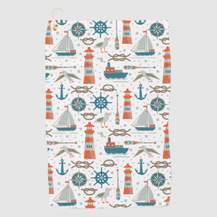 Nautical themed red teal gray white pattern golf towel