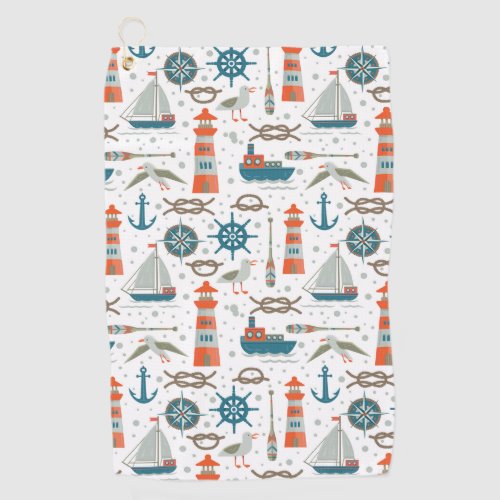 Nautical themed red teal gray white pattern golf towel