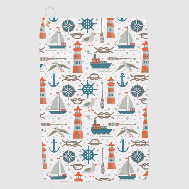 Nautical themed red teal gray white pattern golf towel (Front)