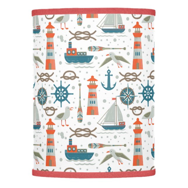 Nautical themed red teal gray white pattern lamp shade (Front)