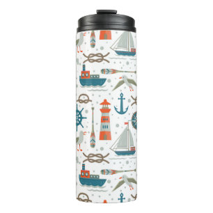 Nautical themed red teal gray white pattern thermal tumbler