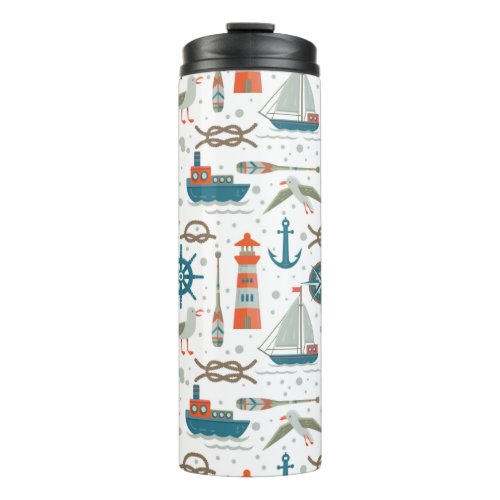 Nautical themed red teal gray white pattern thermal tumbler