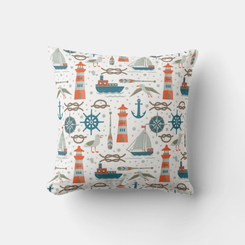 Nautical themed red teal gray white pattern throw pillow