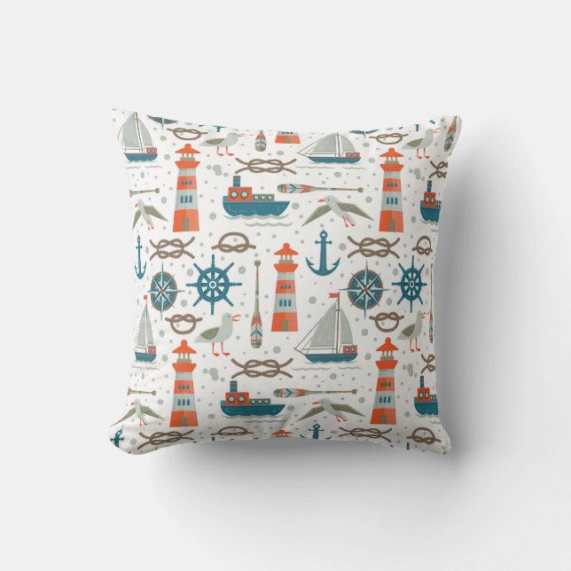 Nautical themed red teal gray white pattern throw pillow (Front)