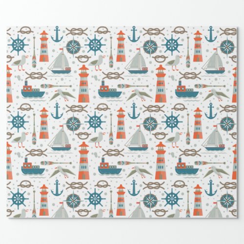 Nautical themed red teal gray white pattern wrapping paper