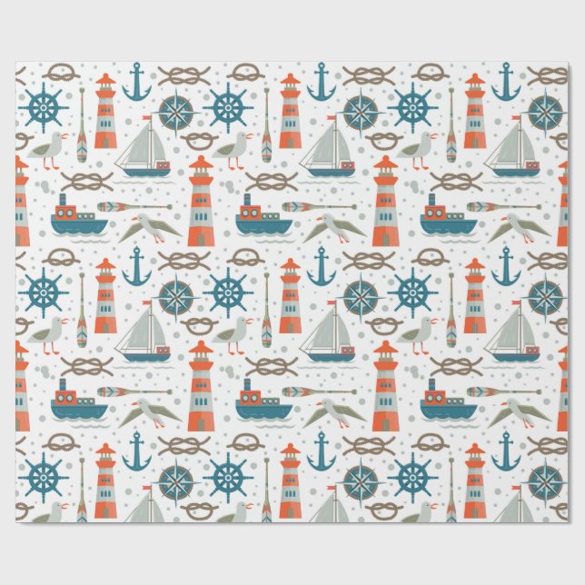 Nautical themed red teal gray white pattern wrapping paper (Flat)