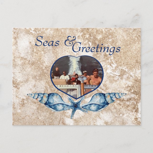 Nautical-themed Seas & Greetings Navy Tan Holiday Postcard (Front)