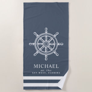 Nautical Themed Ship Wheel Slate Blue Beach Towel