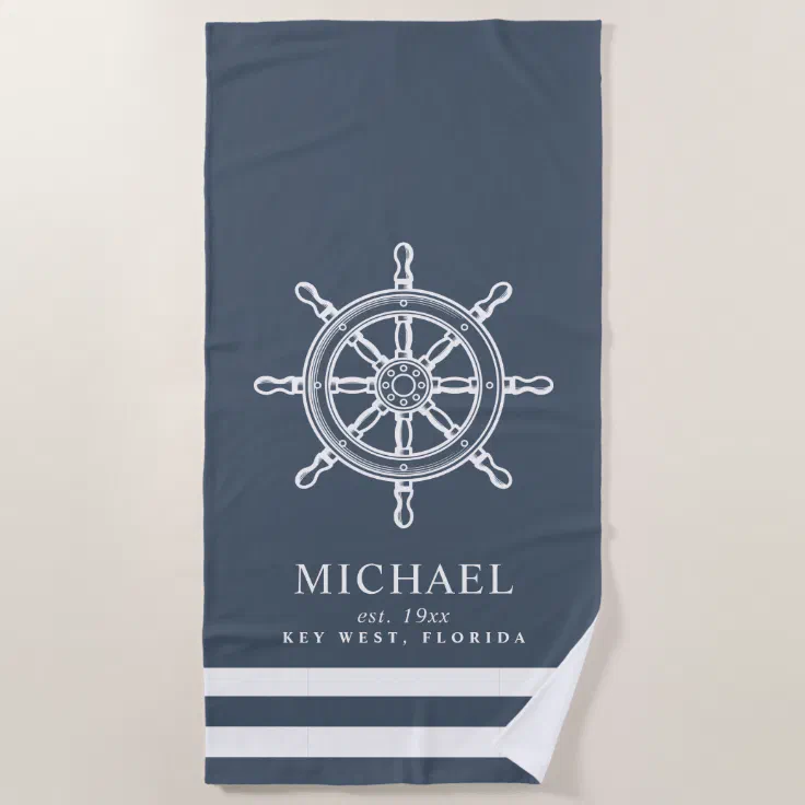 Nautical Themed Ship Wheel Slate Blue Beach Towel 