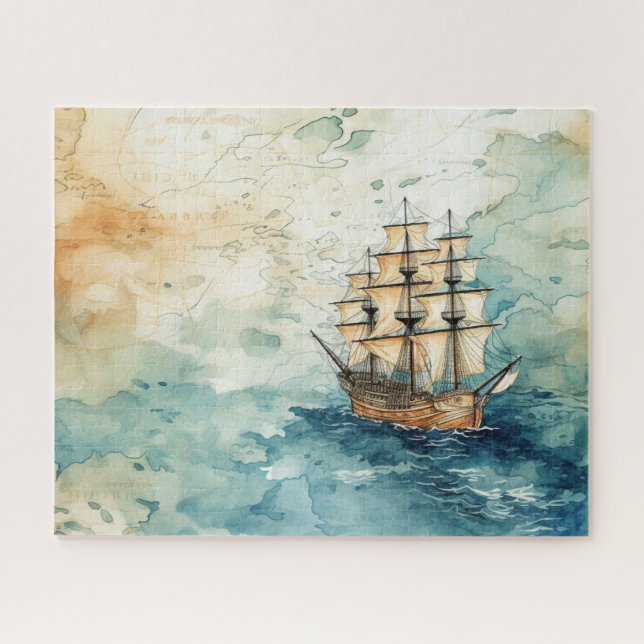 Nautical Themed Vintage Sailboat Old Map Jigsaw Puzzle (Horizontal)