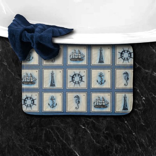 Nautical Tiles  Blue Lighthouse Anchor Ship Wheel Bath Mat