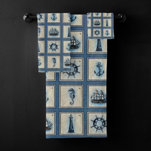Nautical Tiles  Blue Lighthouse Anchor Ship Wheel Bath Towel Set