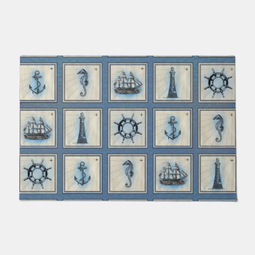 Nautical Tiles  Blue Lighthouse Anchor Ship Wheel Doormat