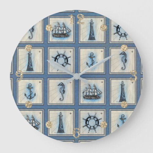 Nautical Tiles  Blue Lighthouse Anchor Ship Wheel Large Clock