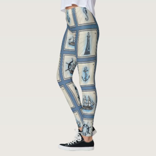 Nautical Tiles  Blue Lighthouse Anchor Ship Wheel Leggings