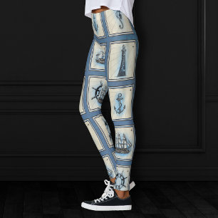 Nautical Tiles Blue Lighthouse Anchor Ship Wheel Leggings