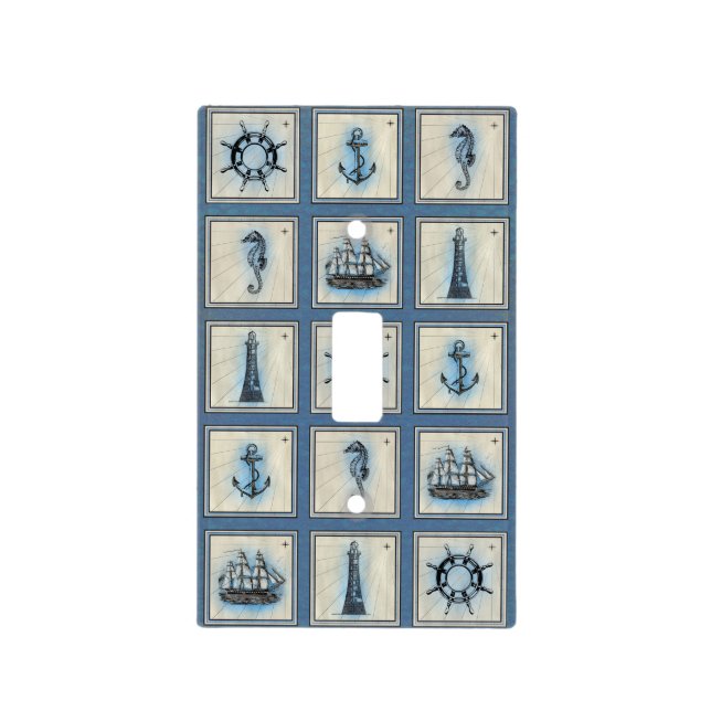 Nautical Tiles | Blue Lighthouse Anchor Ship Wheel Light Switch Cover (Front)