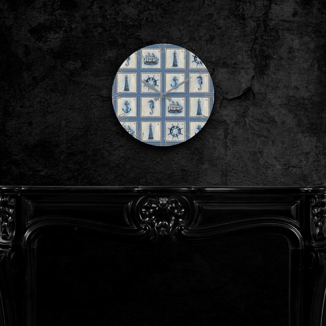 Nautical Tiles | Blue Lighthouse Anchor Ship Wheel Round Clock (Creator Uploaded)