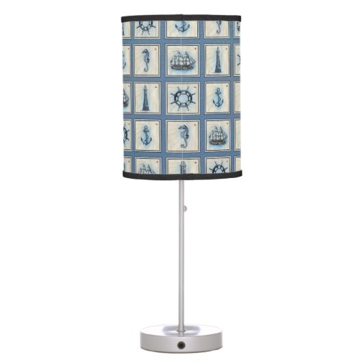 Nautical Tiles | Blue Lighthouse Anchor Ship Wheel Table Lamp (Back)