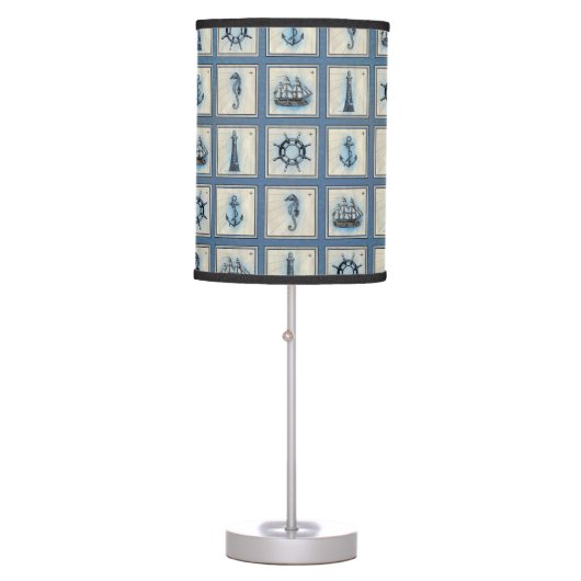 Nautical Tiles | Blue Lighthouse Anchor Ship Wheel Table Lamp (Front)