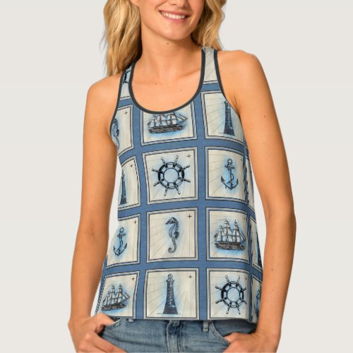 Nautical Tiles  Blue Lighthouse Anchor Ship Wheel Tank Top