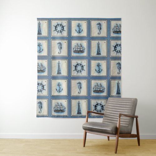 Nautical Tiles  Blue Lighthouse Anchor Ship Wheel Tapestry