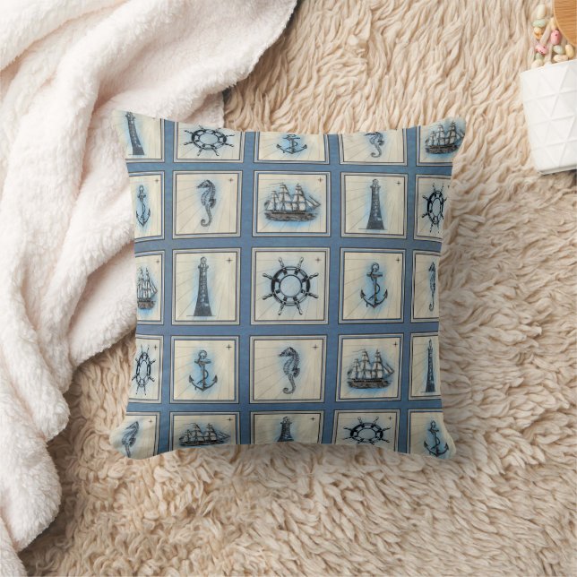 Nautical Tiles | Blue Lighthouse Anchor Ship Wheel Throw Pillow (Blanket)