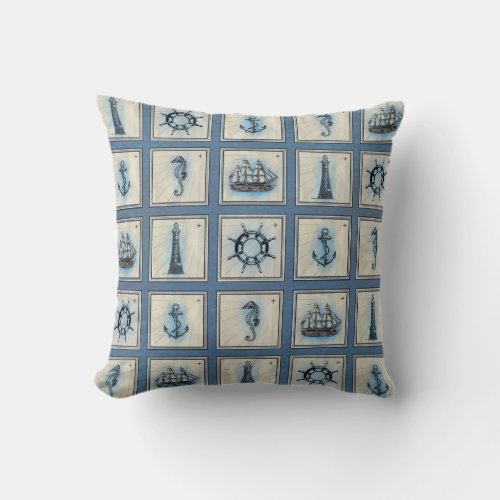 Nautical Tiles  Blue Lighthouse Anchor Ship Wheel Throw Pillow