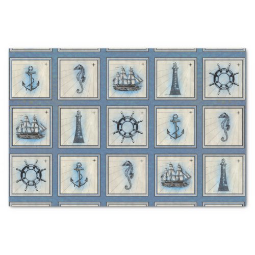 Nautical Tiles  Blue Lighthouse Anchor Ship Wheel Tissue Paper