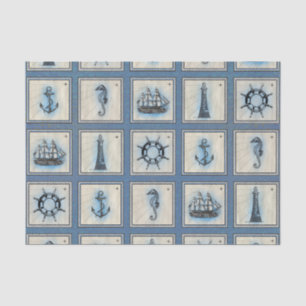 Nautical Tiles Blue Lighthouse Anchor Ship Wheel Tissue Paper