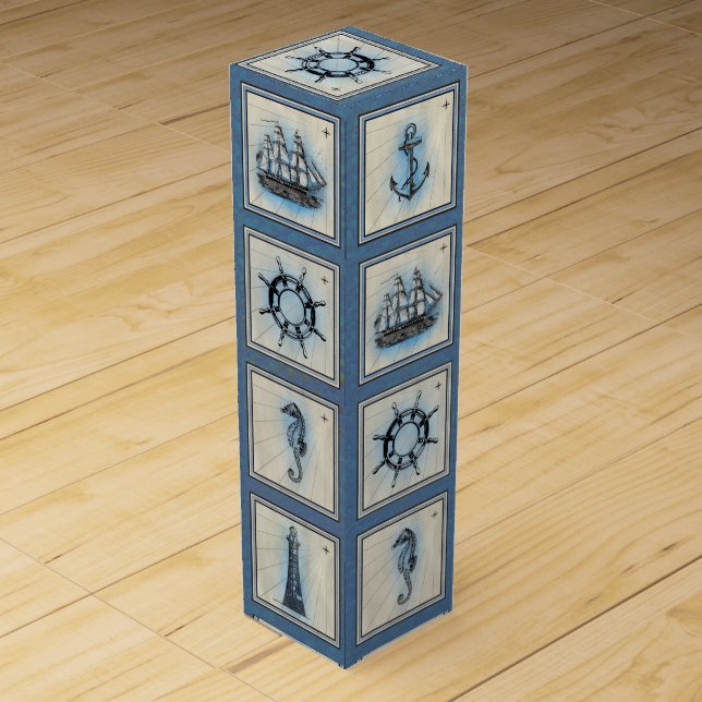 Nautical Tiles | Blue Lighthouse Anchor Ship Wheel Wine Box (Front)