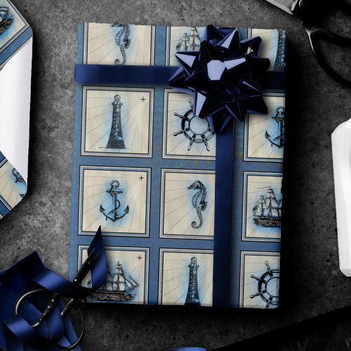 Nautical Tiles  Blue Lighthouse Anchor Ship Wheel Wrapping Paper