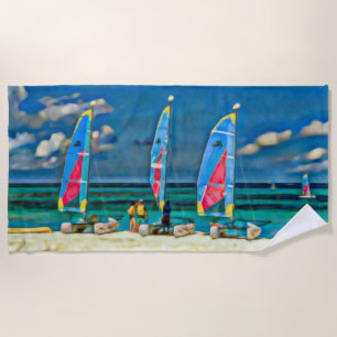 Nautical Tropical White Sand Beach Sailboats Beach Towel