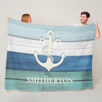 Nautical Turquoise Blue White Anchor Beach Ocean Fleece Blanket