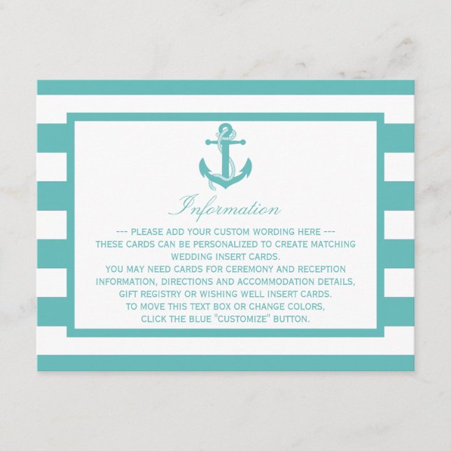 Nautical Turquoise Stripe Anchor Wedding Detail Enclosure Card (Front)