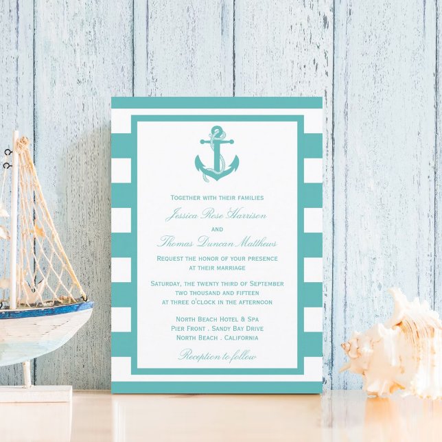 Nautical Turquoise Stripe Anchor Wedding Invitation (Creator Uploaded)