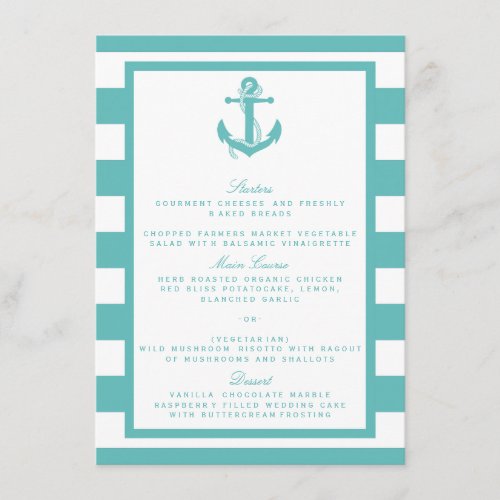 Nautical Turquoise Stripe Anchor Wedding Menu