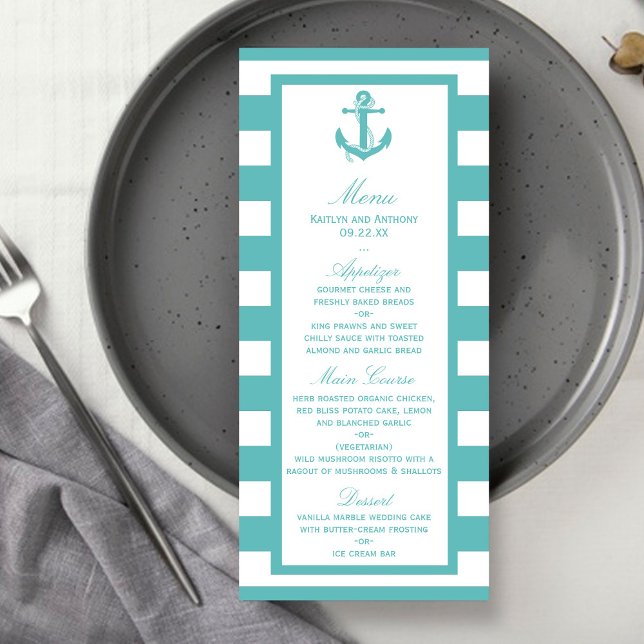 Nautical Turquoise Stripe Anchor Wedding Menu (Creator Uploaded)