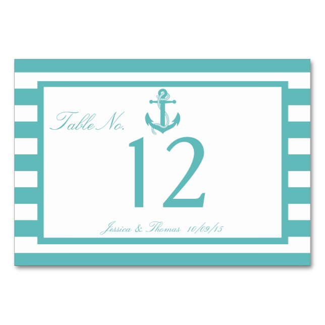 Nautical Turquoise Stripe Anchor Wedding Number Table Number (Front)