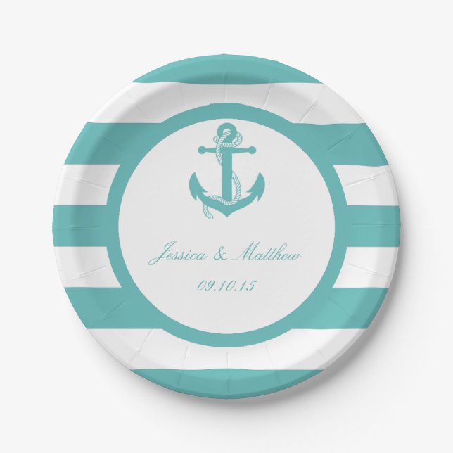 Nautical Turquoise Stripe Anchor Wedding Paper Plates (Front)