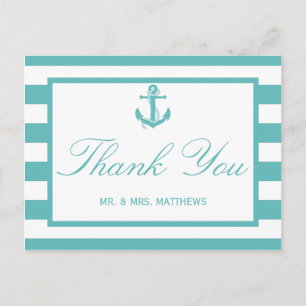 Nautical Turquoise Stripe Anchor Wedding Postcard