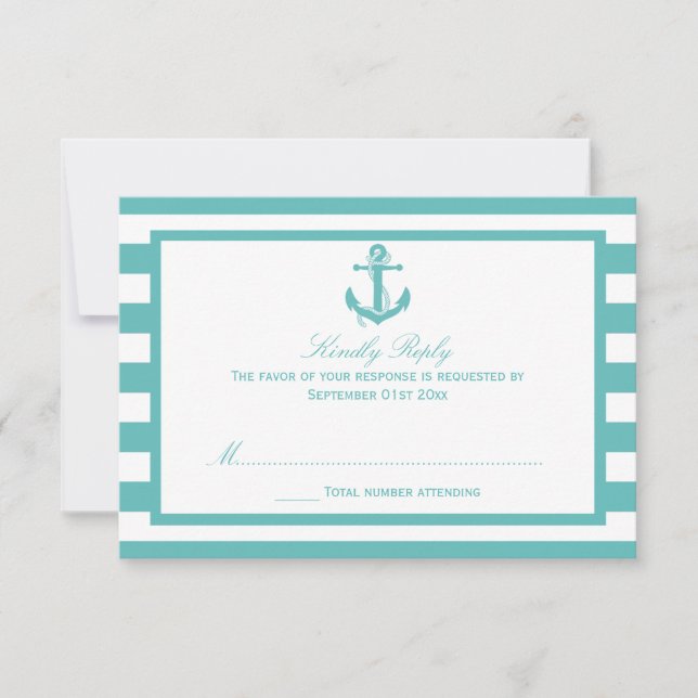 Nautical Turquoise Stripe Anchor Wedding RSVP Card (Front)